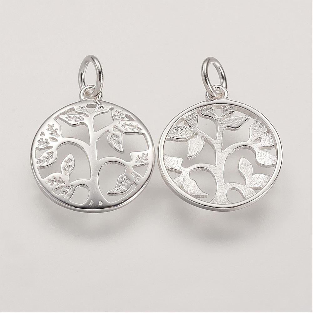 PandaHall Sterling Silver Pendants, Flat Round with Tree of Life Tree, Silver, 16x14x2mm, Hole: 3mm Sterling Silver Flat Round Silver