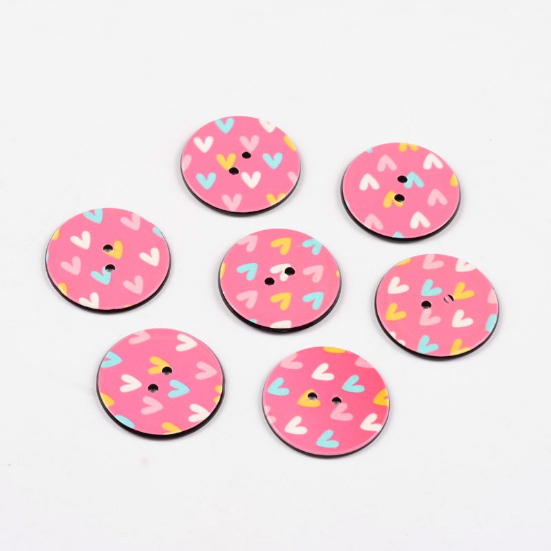 PandaHall 2-Hole Flat Round with Heart Pattern Acrylic Buttons, HotPink, 25x2mm, Hole: 2mm Acrylic Flat Round Pink