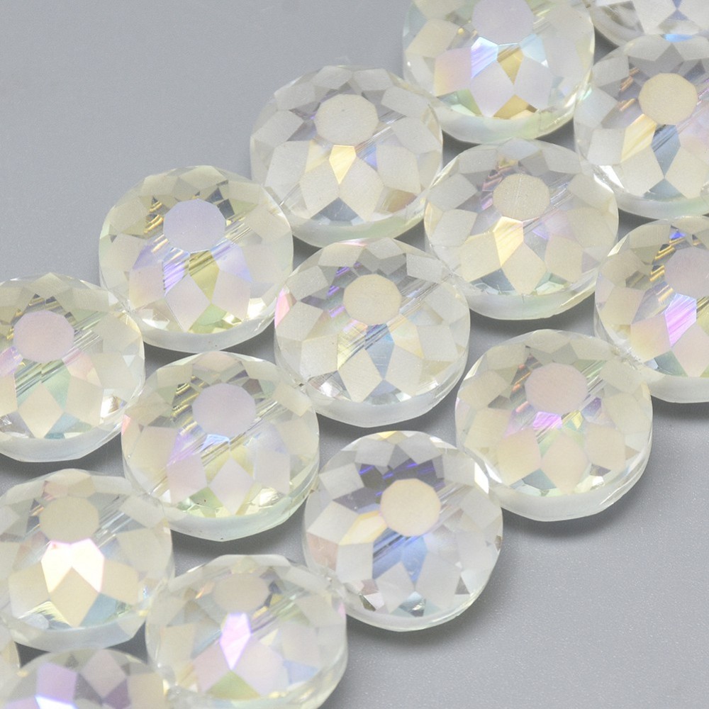 PandaHall Electroplate Glass Beads Strands, Rainbow Plated, Faceted, Flat Round, Beige, 14x10mm, Hole: 1.5mm; about 50pcs/strand, 26.77"...