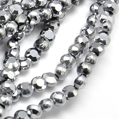 PandaHall Electroplate Glass Beads Strands, Full Platinum Plated, Faceted, Flat Round, Gray, 4x3mm, Hole: 1mm Flat Round Gray