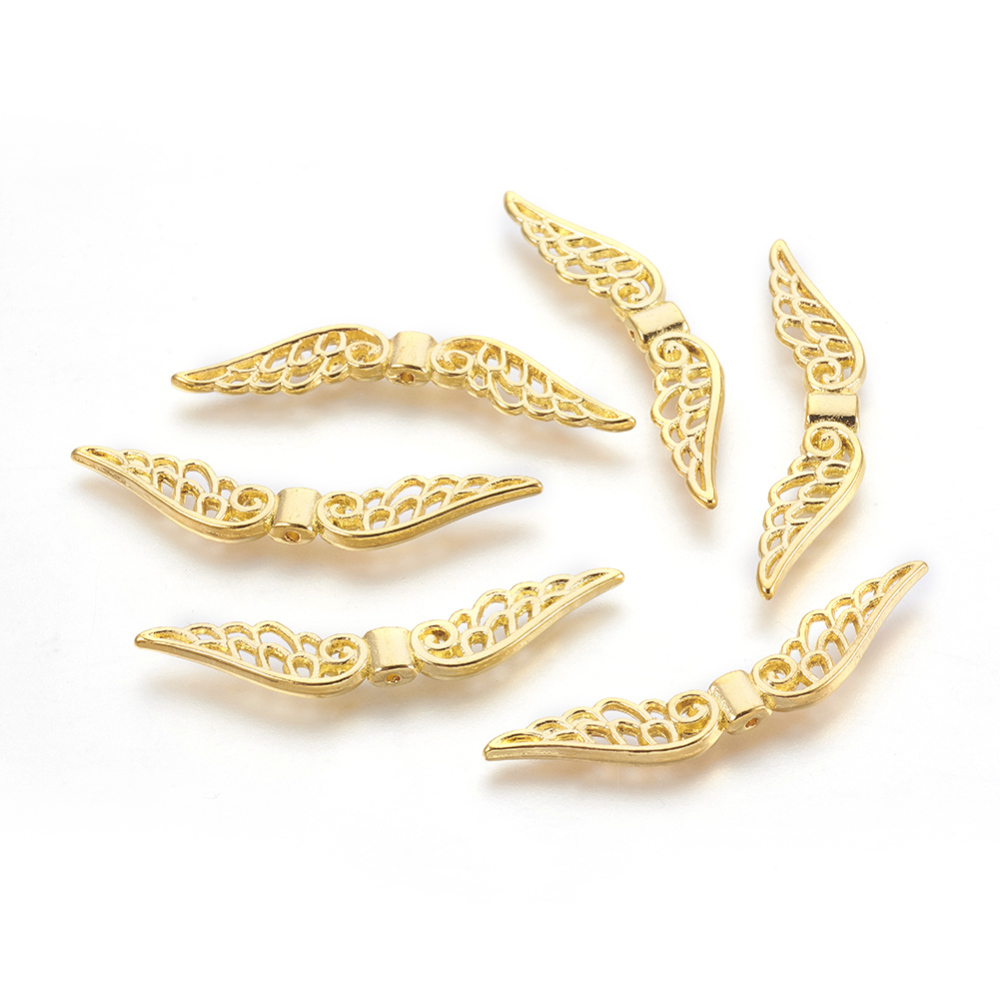 PandaHall Tibetan Style Beads, Lead Free & Cadmium Free, Wing, Golden Color, Size: about 12mm long, 52mm wide, 4mm thick, hole: 2mm Alloy...