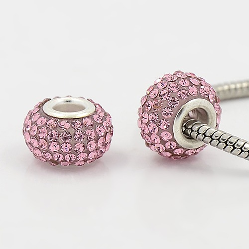 PandaHall Grade A Rhinestone European Beads, Large Hole Beads, Resin, with Silver Color Brass Core, Rondelle, Light Rose, 15x10mm, Hole: 5mm...