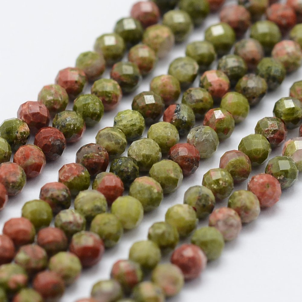 PandaHall Natural Unakite Beads Strands, Faceted, Round, 2mm, Hole: 0.5mm; about 175pcs/strand, 14.9''(38cm) Unakite Round