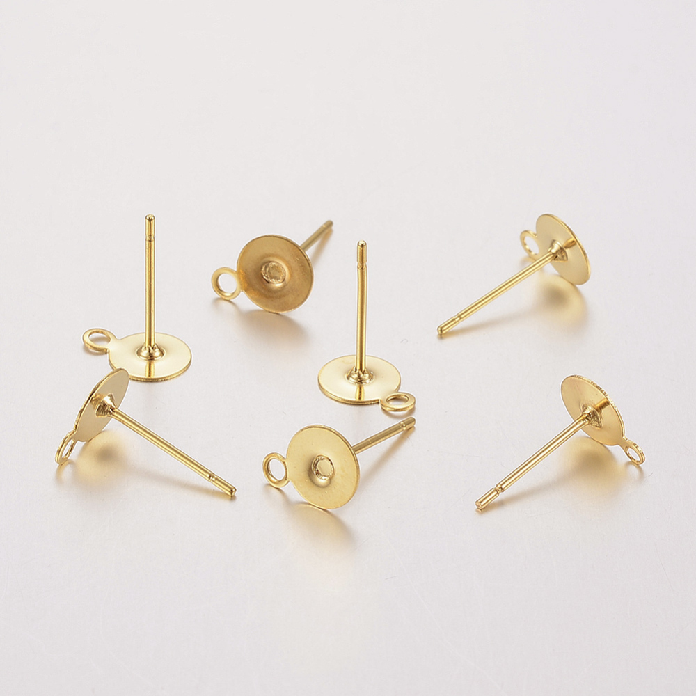 PandaHall 304 Stainless Steel Stud Earring Findings, Flat Round, Golden, 8.5x6x0.3mm, Hole: 1.2mm; Pin: 0.8mm Stainless Steel