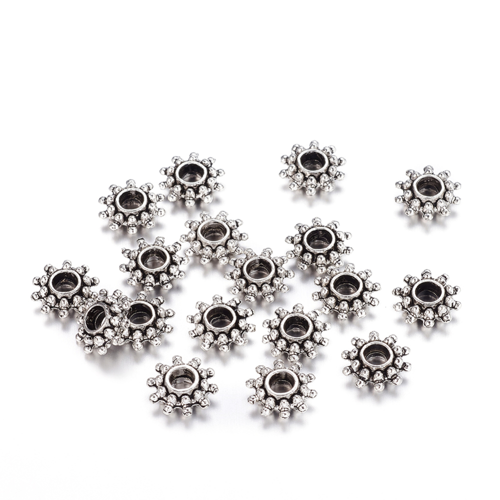 PandaHall Tibetan Style Spacer Beads, Flower, Antique Silver, Lead Free & Cadmium Free ; 9x3mm, Hole: 2.5mm Alloy Sun