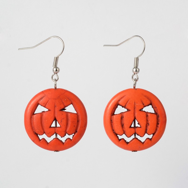 PandaHall Halloween Pumpkin Jack o Lantern Synthetic Turquoise Dangle Earrings, with Brass Earring Hooks, Silver, 45mm; Pin: 0.7mm Synthetic...