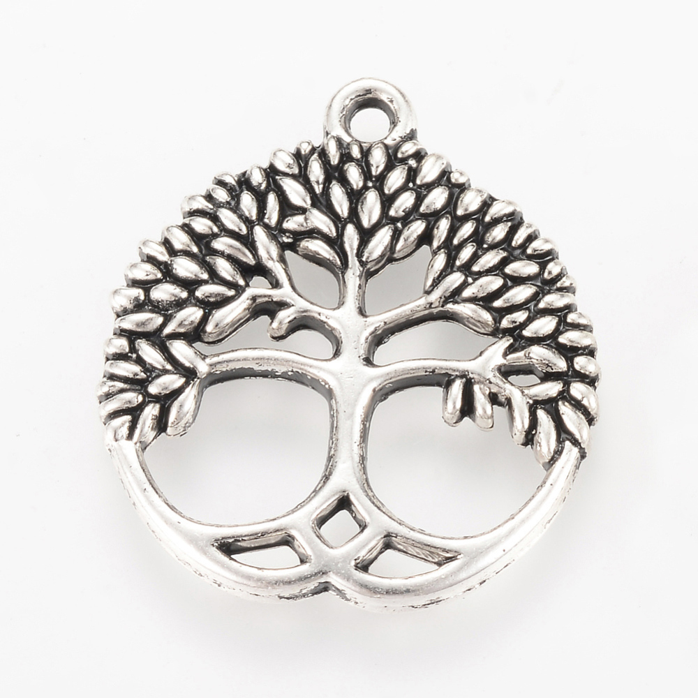 PandaHall Tibetan Style Alloy Pendants, Flat Round with Tree, Cadmium Free & Nickel Free & Lead Free, Antique Silver, 26x23x2.5mm, Hole...
