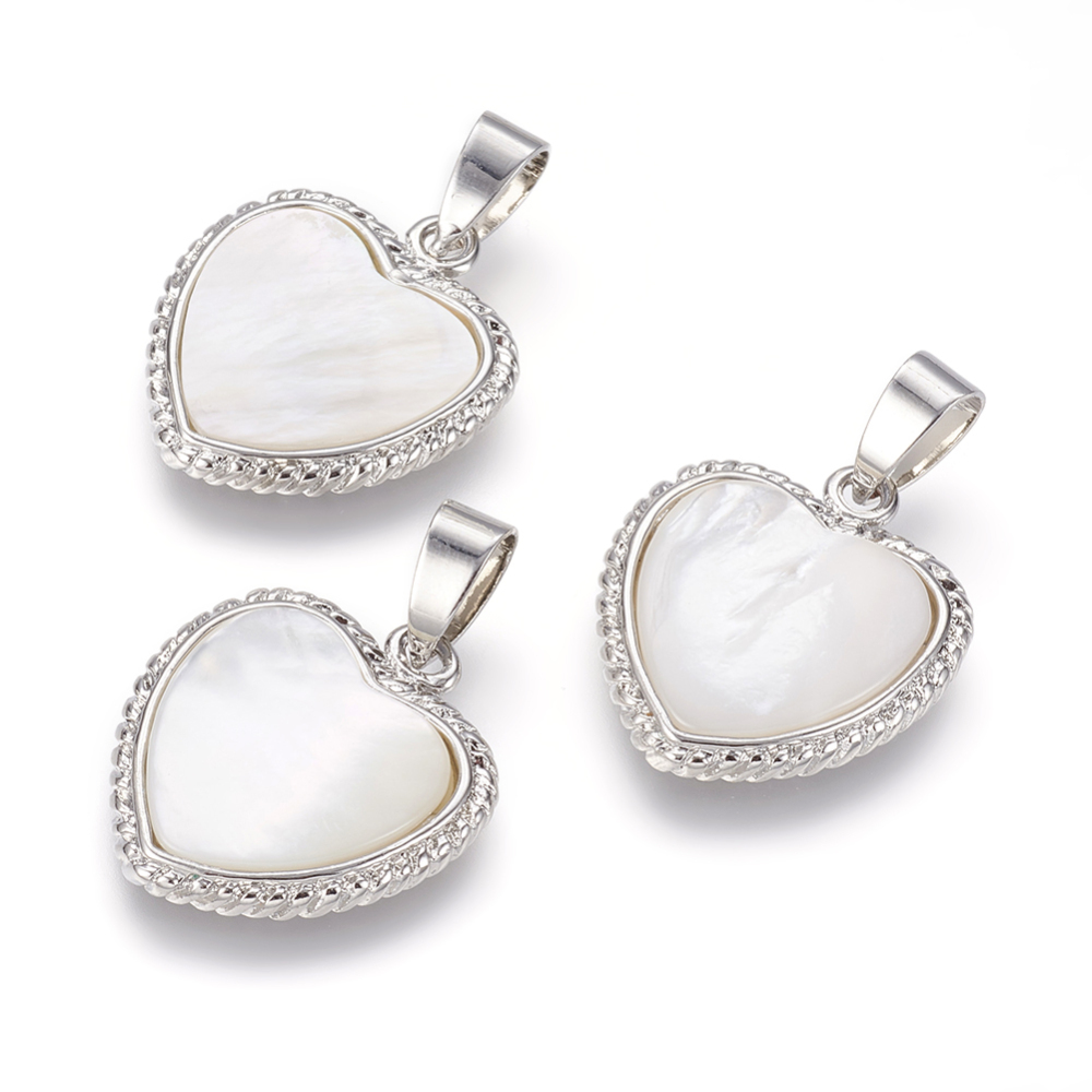 PandaHall Natural White Shell Pendants, with Brass Findings, Heart, Platinum, 24x21x3.5mm, Hole: 4x7mm White Shell Heart