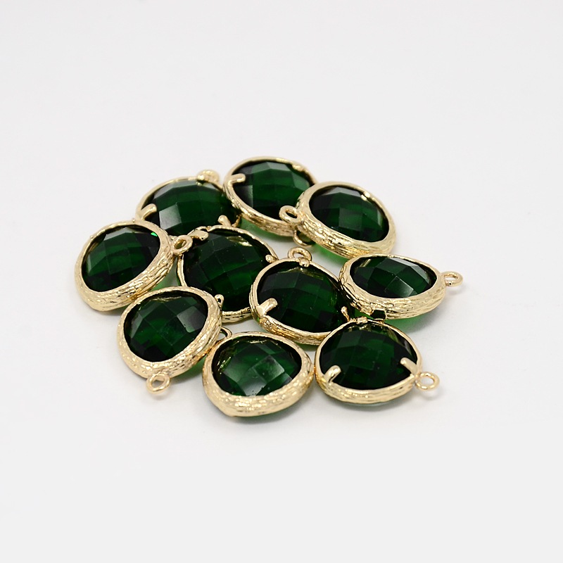 PandaHall Real Gold Plated Brass Glass Pendants, Faceted Triangle Charms, Green, 16x13x6mm, Hole: 1mm Brass+Glass Triangle Green