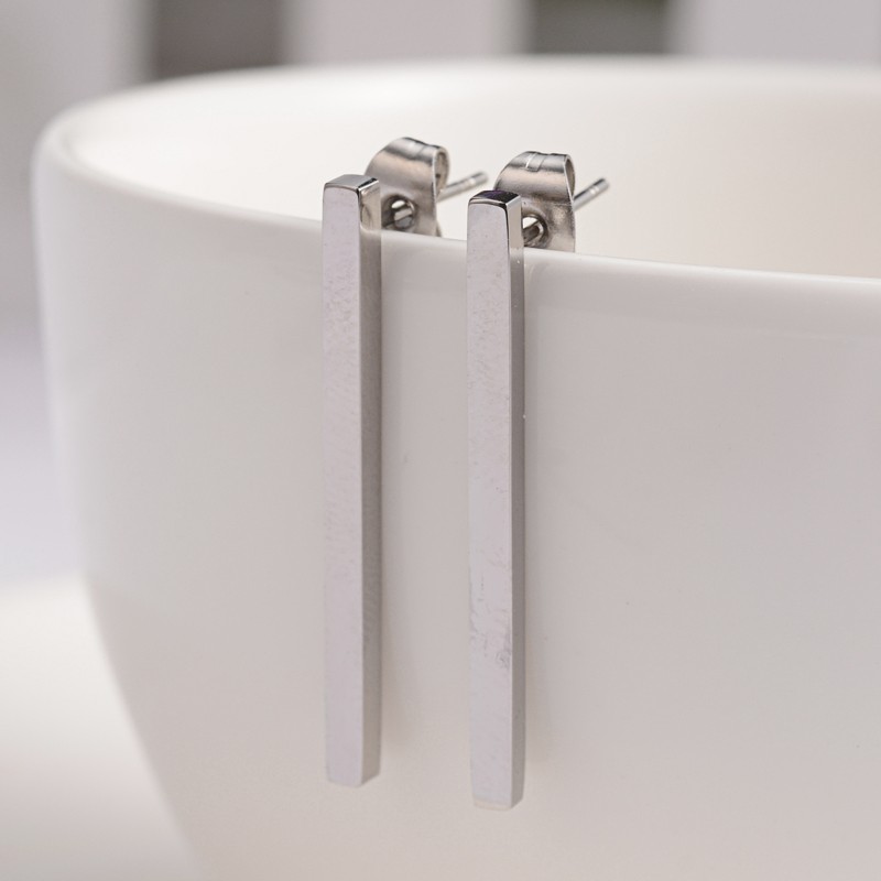 PandaHall Rectangle 304 Stainless Steel Stud Earrings, Stainless Steel Color, 30x2mm; Pin: 0.8mm Stainless Steel