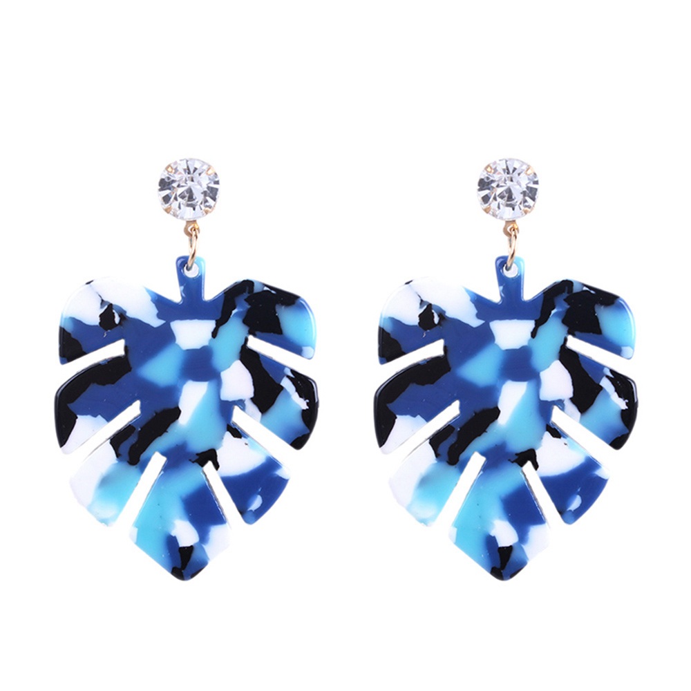 PandaHall Resin Dangle Earrings, with Golden Tone Alloy Findings & Rhinestone, Leaf, Blue, 55x35mm Resin Blue