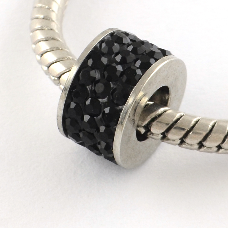 PandaHall 316 Stainless Steel Column Large Hole Beads, with Polymer Clay Rhinestones, Jet, 10x6mm, Hole: 5mm Stainless Steel+Rhinestone...
