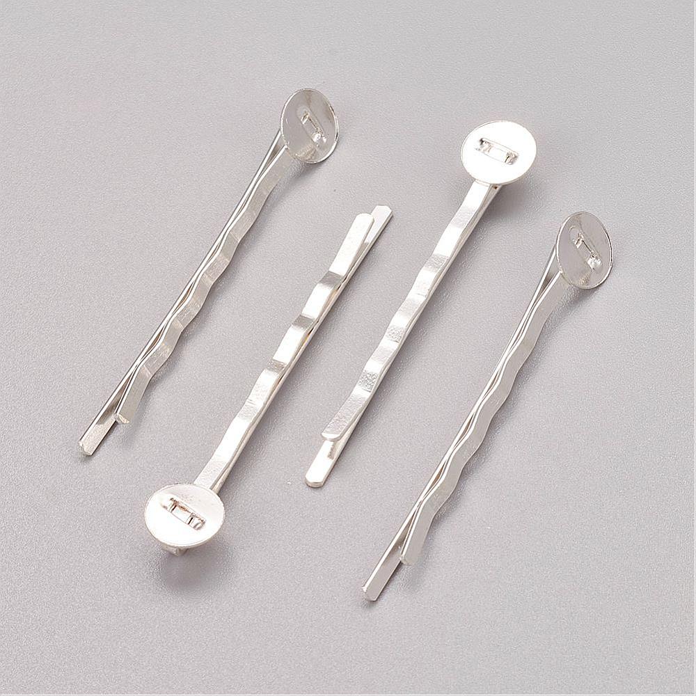 PandaHall Silver Iron Hair Bobby Pin Findings, Size: about 2mm wide, 52mm long, 2mm thick, Tray: 8mm in diameter, 0.5mm thick Iron