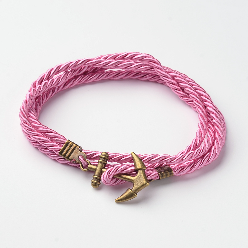 PandaHall Two Loops Polyester Cord Wrap Bracelets, with Anchor Antique Bronze Tone Alloy Findings, PearlPink, 415x3mm Mixed Material Pink