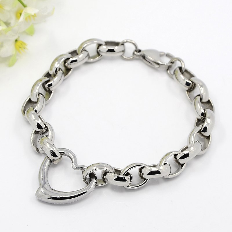 PandaHall Fashionable 304 Stainless Steel Heart Link Bracelets, Rolo Chain Bracelet with Lobster Claw Clasps, Stainless Steel Color...