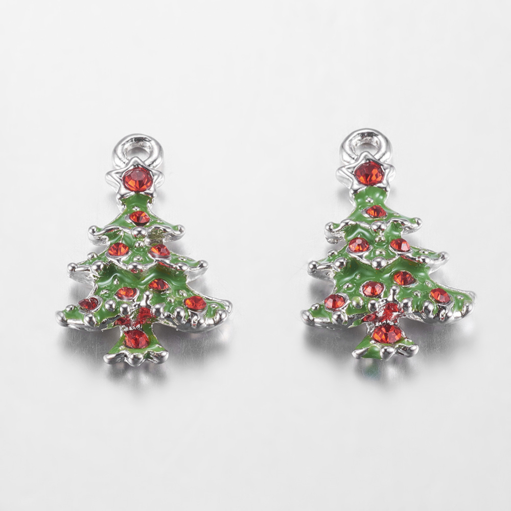PandaHall Alloy Rhinestone Pendants, with Enamel, Christmas Tree, Platinum Color, Green, about 15mm wide, 23mm long, 4mm thick, hole: 2mm...