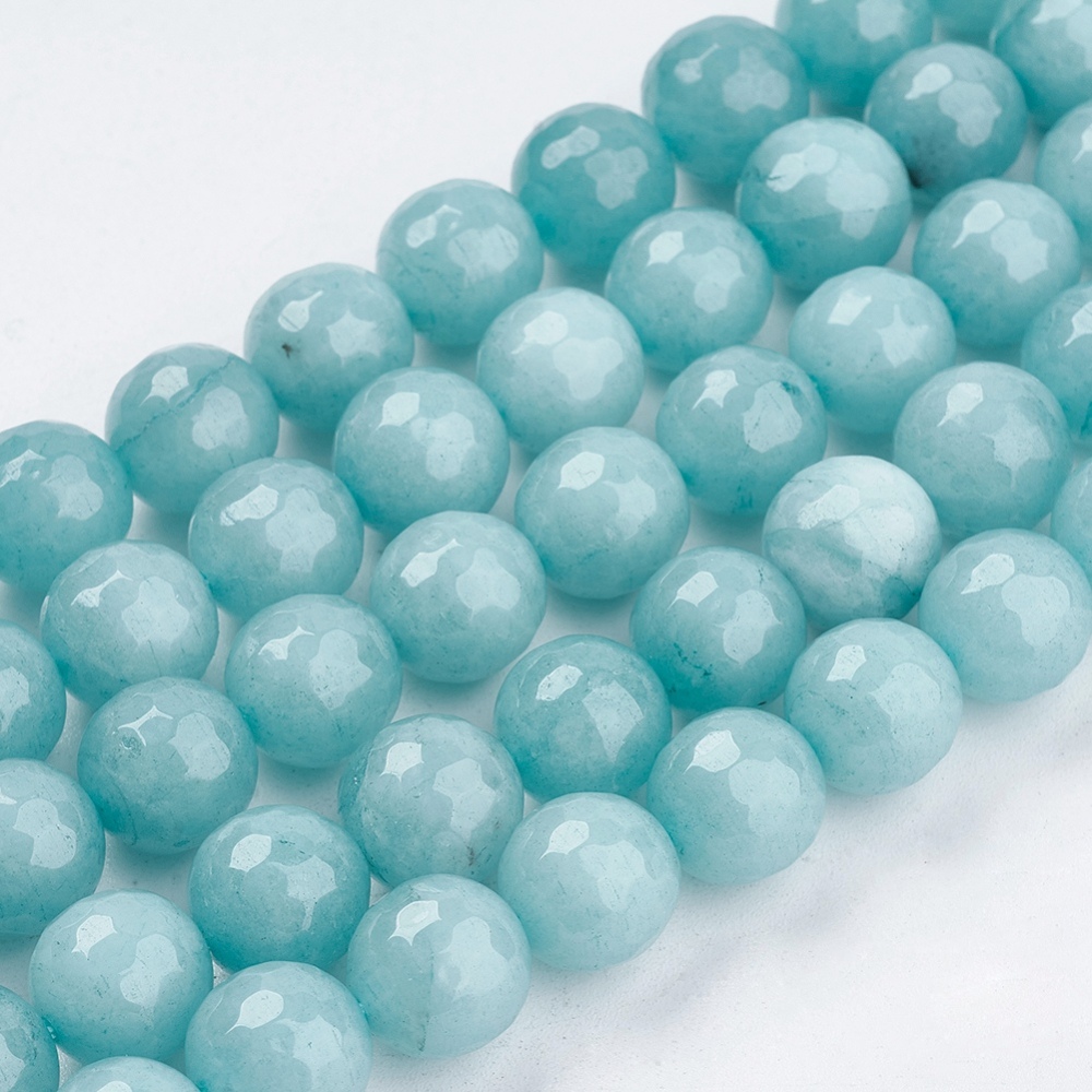 PandaHall Natural Jade Bead Strands, Dyed, Faceted, Round, PaleTurquoise, 10mm; Hole: 1mm; 38pcs/strand, 14.5" Other Jade Round Cyan