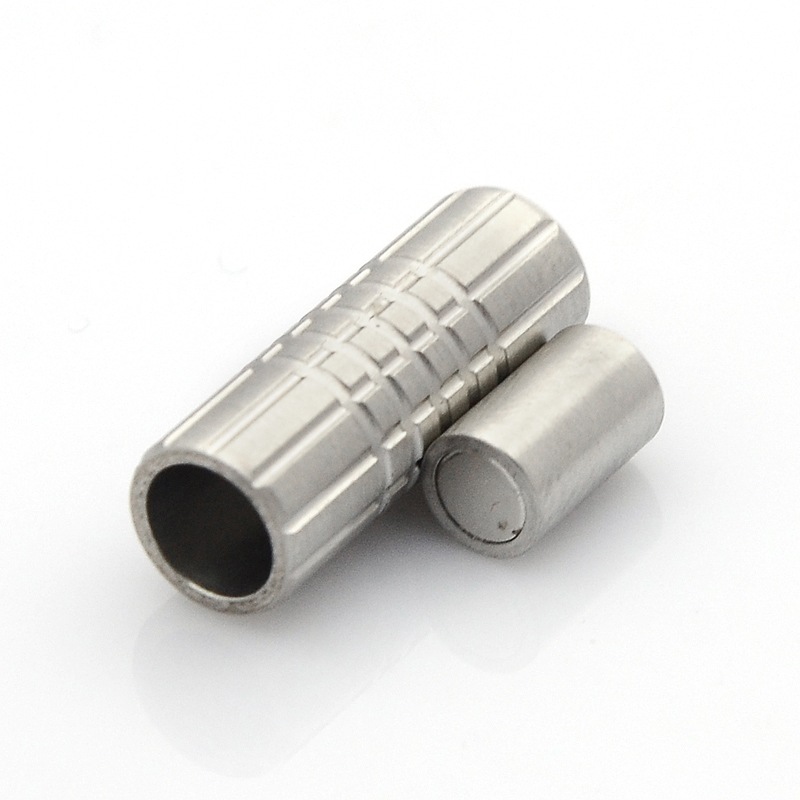 PandaHall 304 Stainless Steel Matte Surface Magnetic Clasps, Column, Stainless Steel Color, 20x9mm, Hole: 6mm Stainless Steel Column