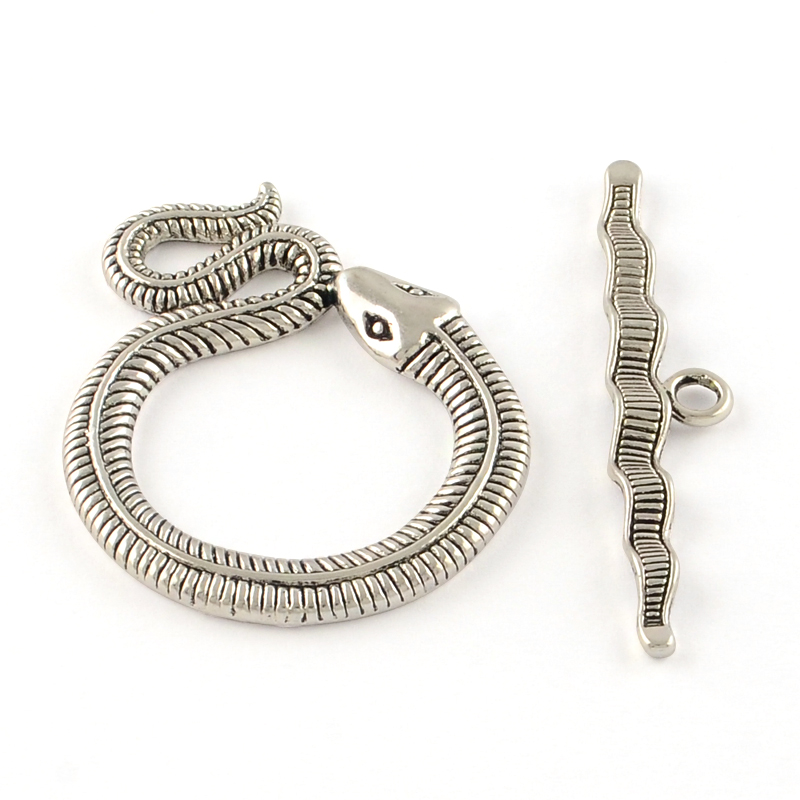 PandaHall Tibetan Style Snake Toggle Clasps, Cadmium Free & Nickel Free & Lead Free, Antique Silver, Snake: 46x36x3mm, Hole: 4mm; Bar...