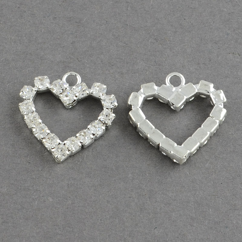 PandaHall Shining Heart Brass Grade A Crystal Rhinestone Pendants, Silver, Crystal, 17x17x2.5mm, Hole: 2mm Brass+Rhinestone Heart