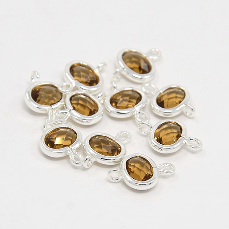 PandaHall Silver Plated Brass Glass Links, Faceted Oval, Peru, 12x8x3mm, Hole: 1mm Glass Oval Silver