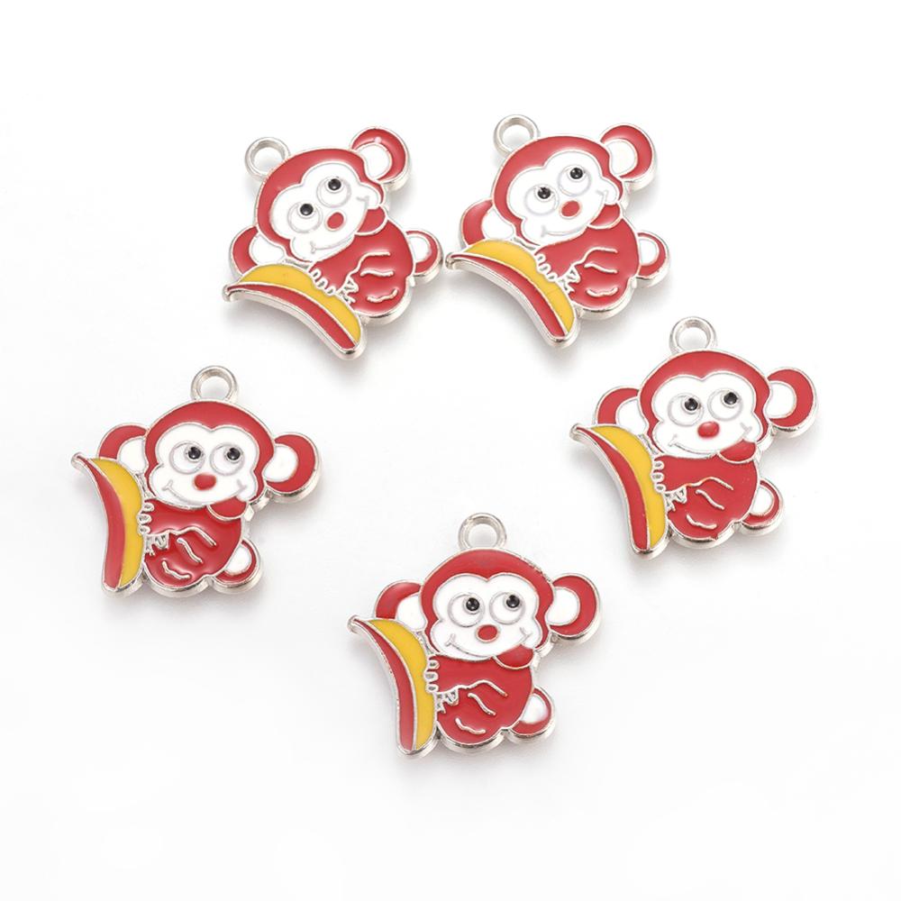 PandaHall Alloy Enamel Pendants, Monkey Pendants for Kids Jewelry Making, Platinum, Red, 27x20x2mm, Hole: 2.5mm Alloy+Enamel Monkey Red