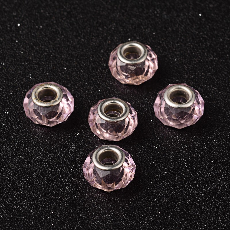 PandaHall Pink European Style Iron Silver Tone Core Faceted Rondelle Glass Large Hole Beads for DIY Jewelry Bracelets & Necklaces Making...
