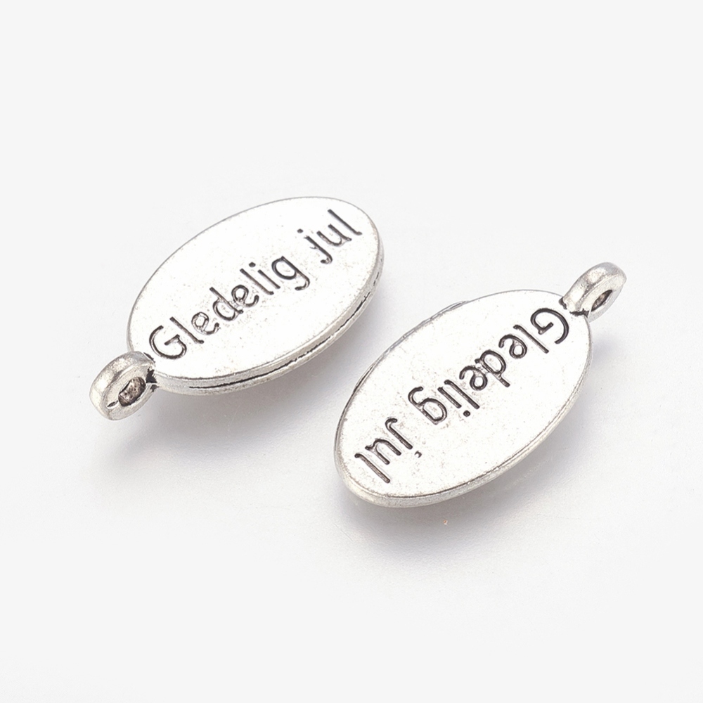 PandaHall Alloy Pendants, Oval Carved Merry Christmas Gledelig Jul, Antique Silver,  Lead Free, 20x10x2mm Alloy Oval