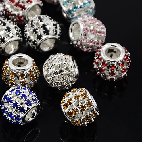 PandaHall Brass Rhinestone European Beads, Large Hole Beads, Rondelle, Silver Metal Color, Mixed Color, 12x10mm, Hole: 4mm Rondelle