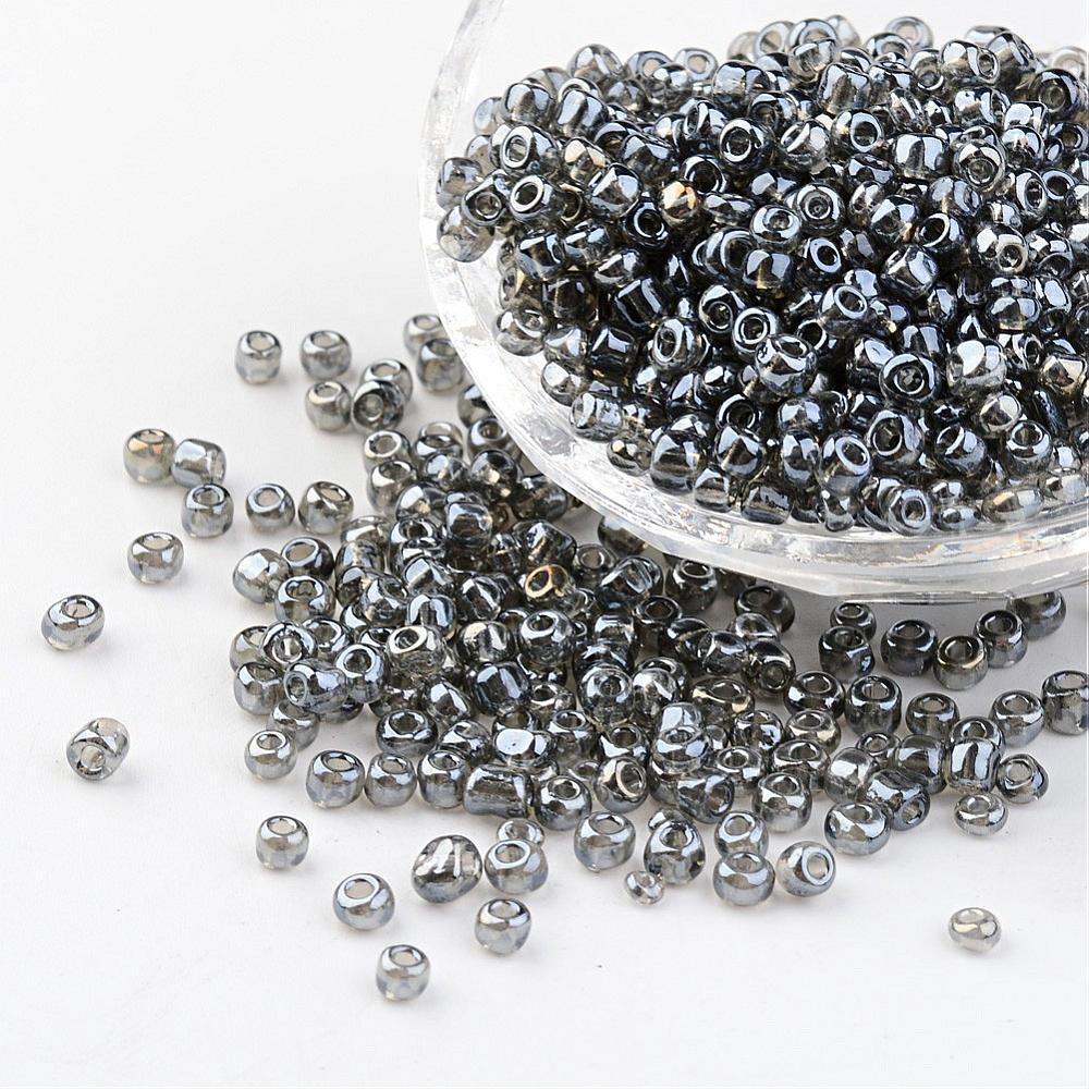 PandaHall Round Glass Seed Beads, Trans. Colours Lustered, Gray, Size: about 4mm in diameter, hole: 1.5mm; about 496pcs/50g Glass Gray