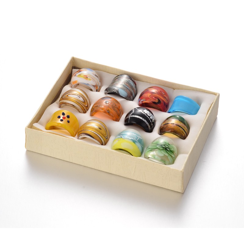PandaHall Mixed Handmade Lampwork Wide Band Rings, Mixed Color, 17~20mm, 12pcs/box Lampwork Multicolor