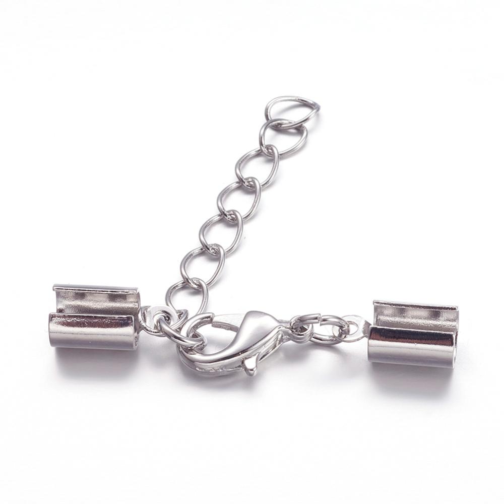 PandaHall Adjustable Brass Ends with Extender Chain, with Alloy Lobster Claw Clasps, Platinum, 35x11mm, Hole: 4mm, tail chain: about 40mm...