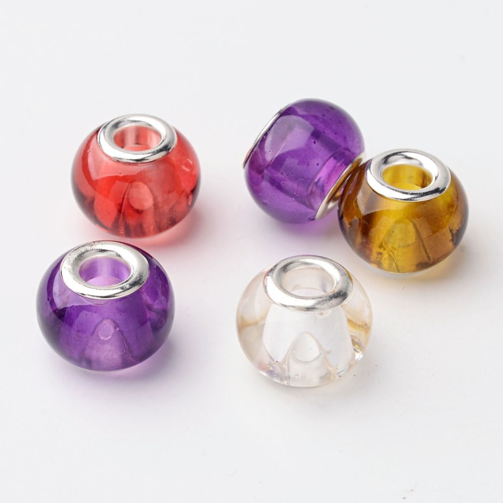 PandaHall Mixed Large Hole Rondelle Glass European Beads, with Silver Plated Brass Double Cores, 15x11mm, Hole: 5mm Glass+Brass Core...