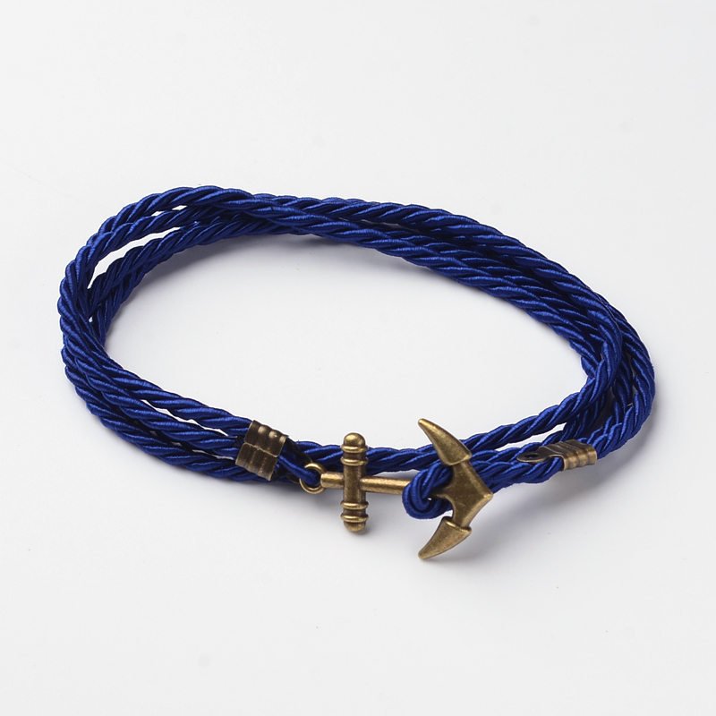 PandaHall Two Loops Polyester Cord Wrap Bracelets, with Anchor Antique Bronze Tone Alloy Findings, Blue, 415x3mm Mixed Material Blue