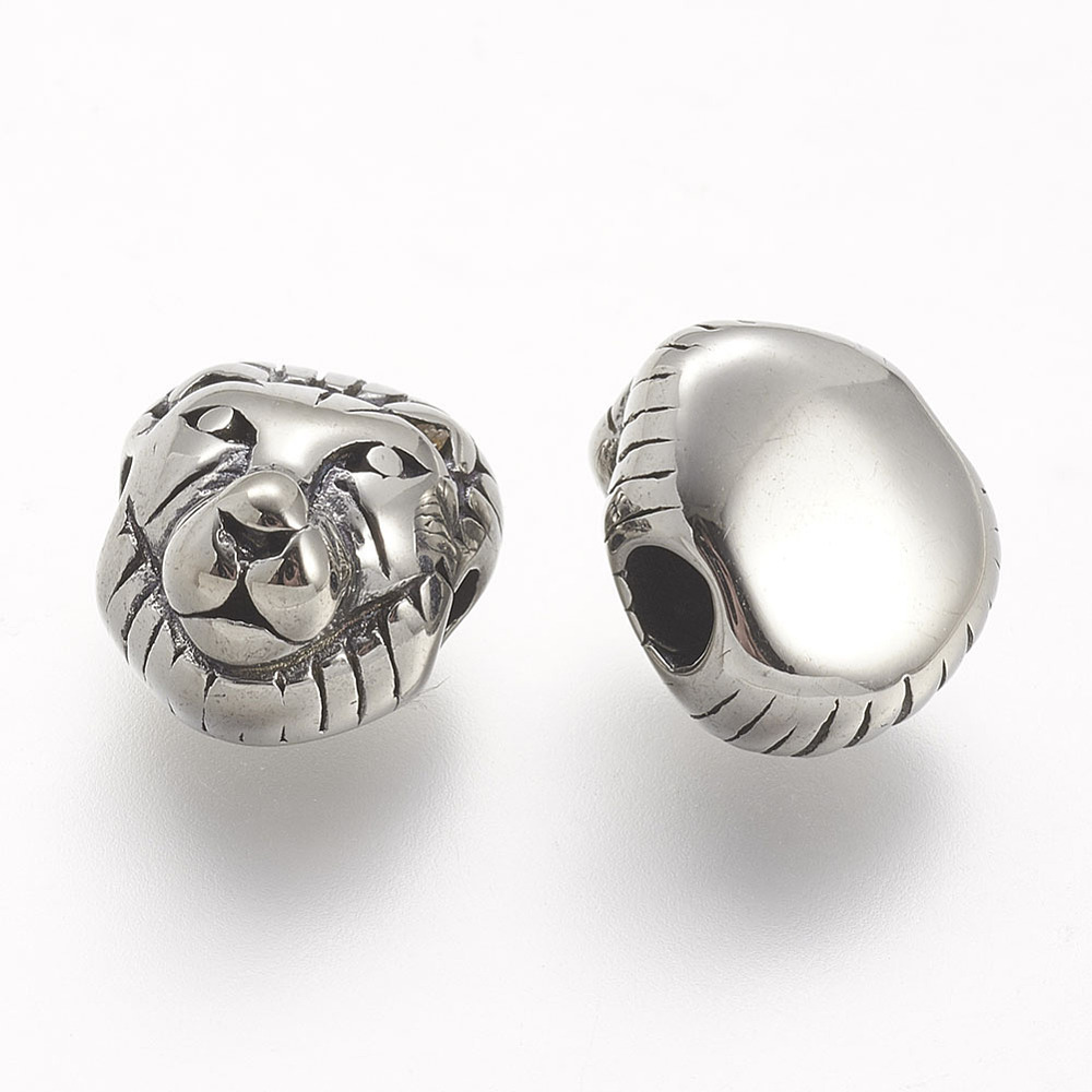 PandaHall 304 Stainless Steel Beads, Lion Head, Antique Silver, 12x11x8mm, Hole: 3mm Stainless Steel Lion