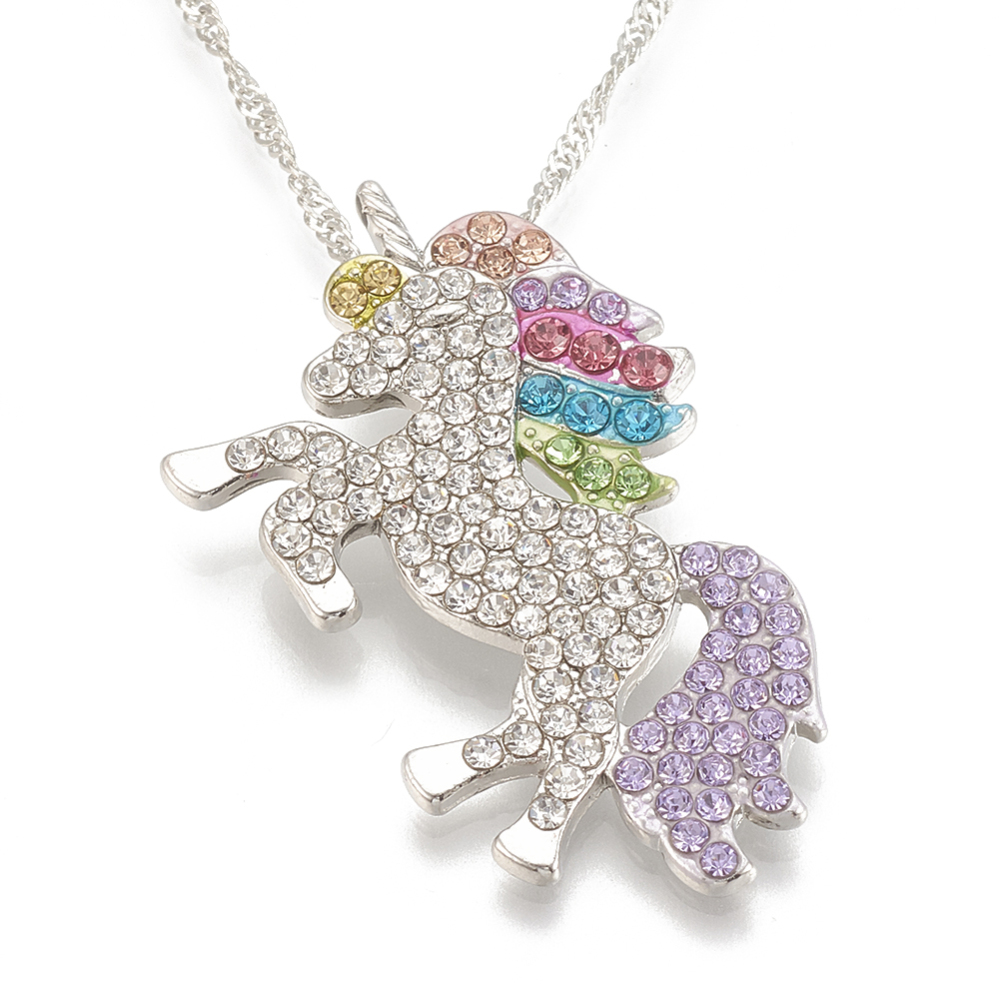 PandaHall Alloy Pendant Necklaces, with Rhinestone and Iron Chains, Unicorn, Platinum, Colorful, 15-3/4"(40cm) Alloy