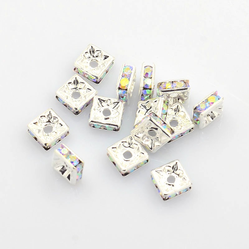 PandaHall Brass Rhinestone Spacer Beads, Beads, Grade A, Square, Nickel Free, AB color, Clear AB, Silver Metal Color, Size: about...
