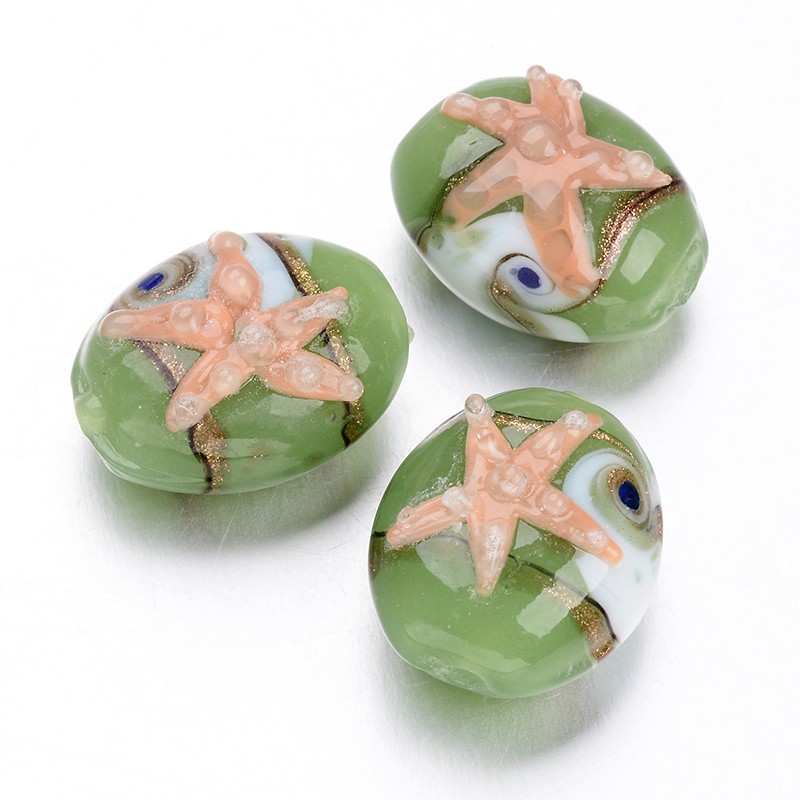 PandaHall Ocean Style Oval with Starfish Handmade Lampwork Bead, YellowGreen, 18~20x15~16x11~12mm, Hole: 1.5mm; about 12pcs/box Lampwork...