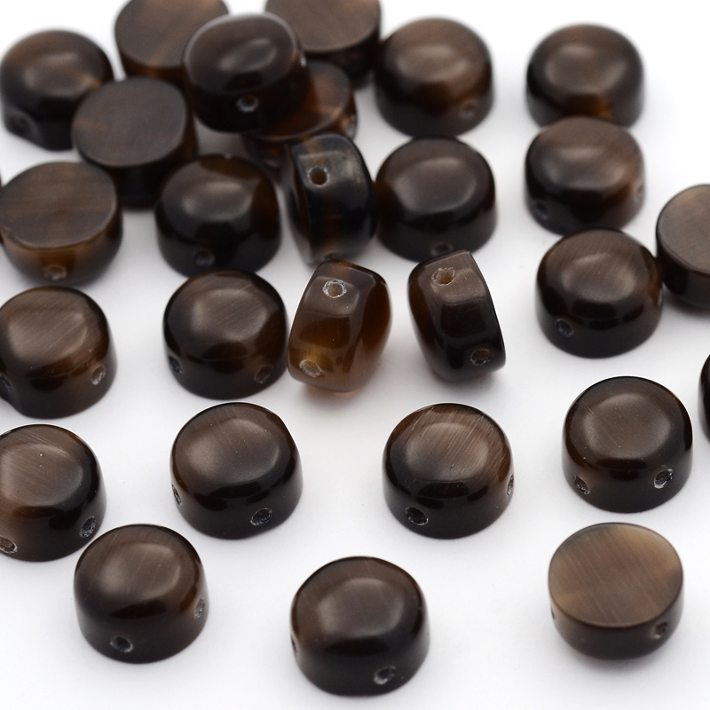 PandaHall Flat Round 4-Hole Cat Eye Beads, CoconutBrown, 10x6mm, Hole: 1mm; about 200pcs/200g Glass Flat Round Brown