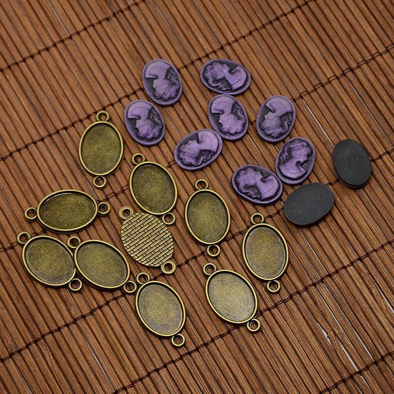PandaHall Nickel Free Antique Bronze Alloy Cabochon Connector Settings and 13x18mm Purple Resin Cameo Lady Head Portrait Cabochons Sets...
