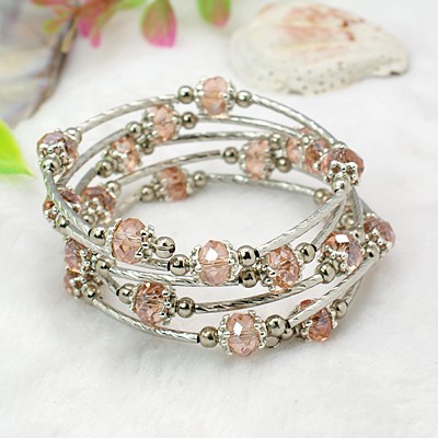 PandaHall Fashion Wrap Bracelets, with Rondelle Glass Beads, Tibetan Style Bead Caps, Brass Tube Beads and Steel Memory Wire, Pink, Inner...