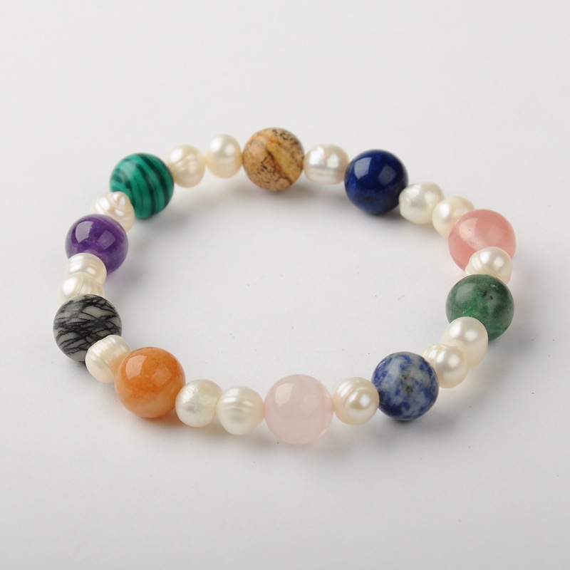 PandaHall Gemstone Beads Stretch Bracelets, with Grade B Pearl Beads and Elastic Fibre Wire, Colorful, 55mm Gemstone