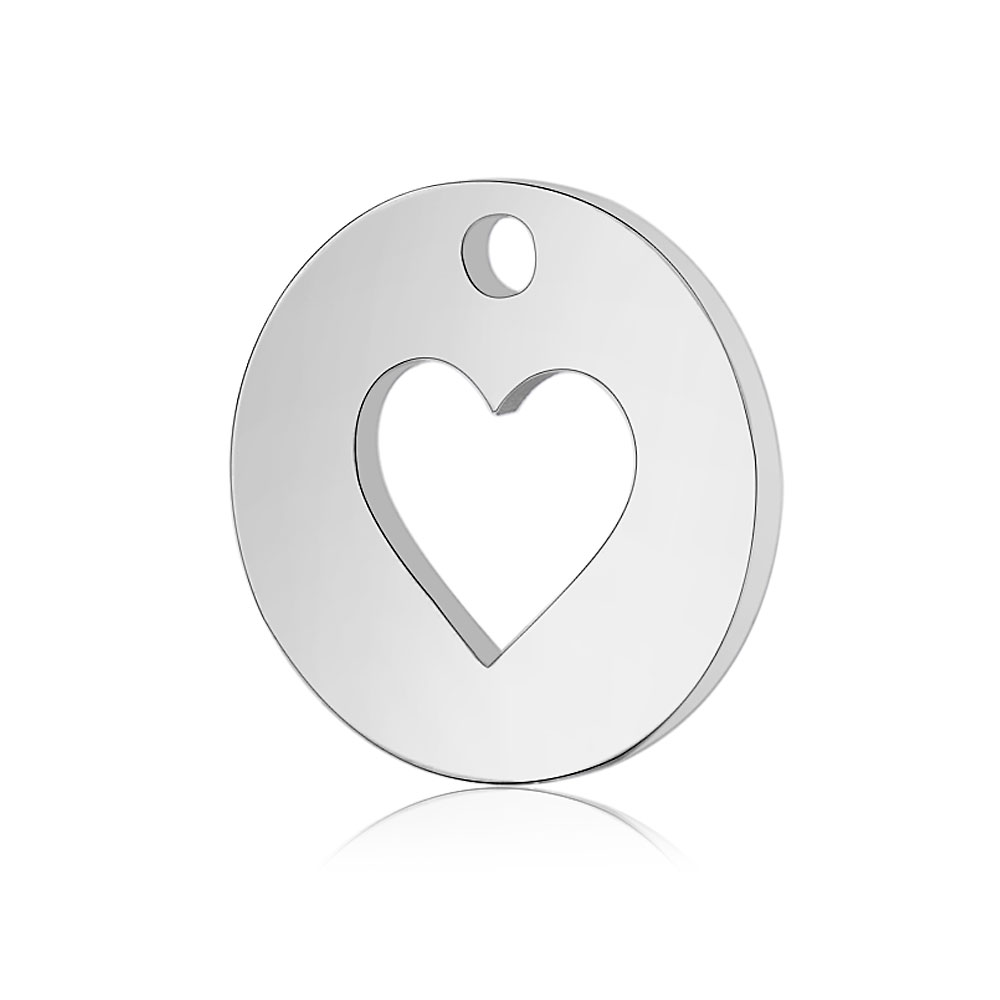 PandaHall 304 Stainless Steel Charms, Flat Round with Heart, Stainless Steel Color, 12x1mm, Hole: 1.5mm Stainless Steel Flat Round
