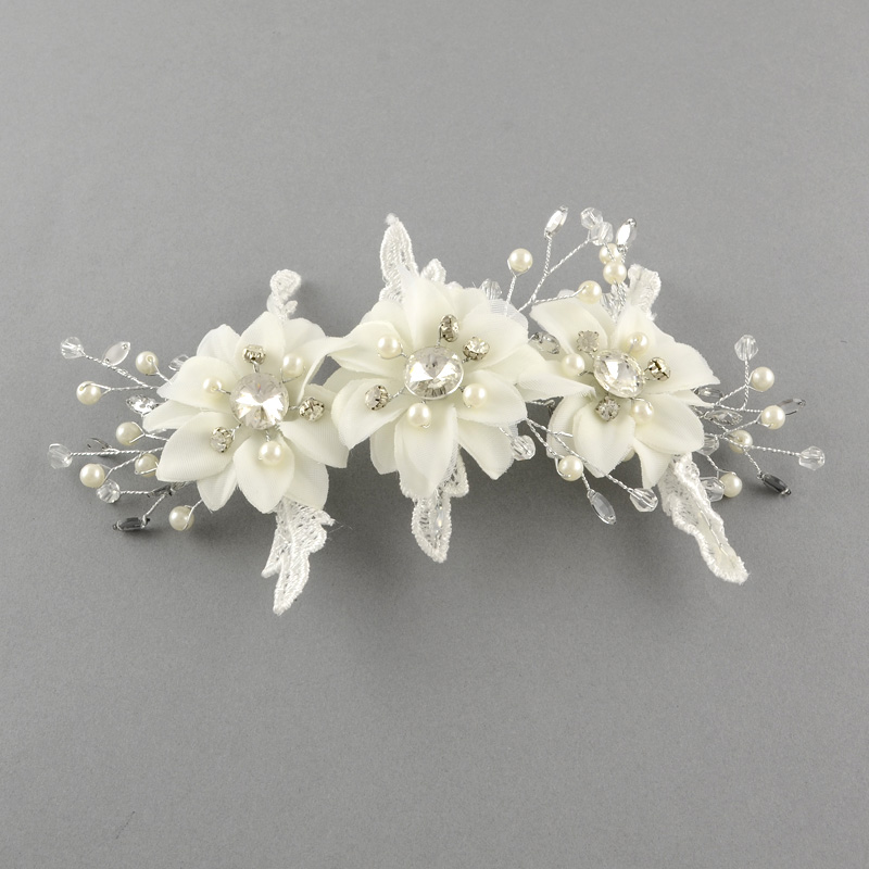 PandaHall Wedding Bridal Decorative Hair Accessories, Iron Rhinestone, with Resin Beads, Cloth Flower and Acrylic Beads, White, 195x95mm...