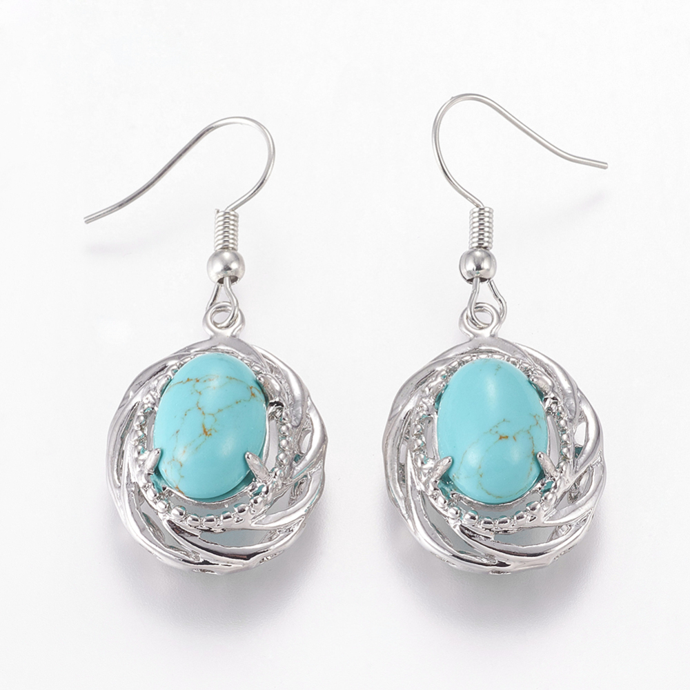 PandaHall Synthetic Turquoise Dangle Earrings, with Brass Earring Hooks, Oval, Platinum Color Plated, 44mm, Pin: 0.7mm; pendant: 25x18x11mm...