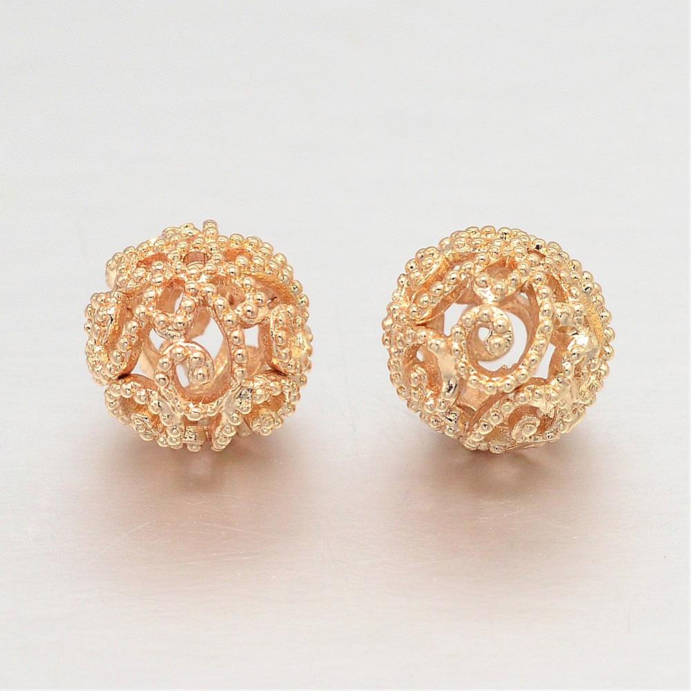 PandaHall Hollow Round Rack Plating Brass Filigree Beads, Light Gold, 10mm, Hole: 1mm Brass Round