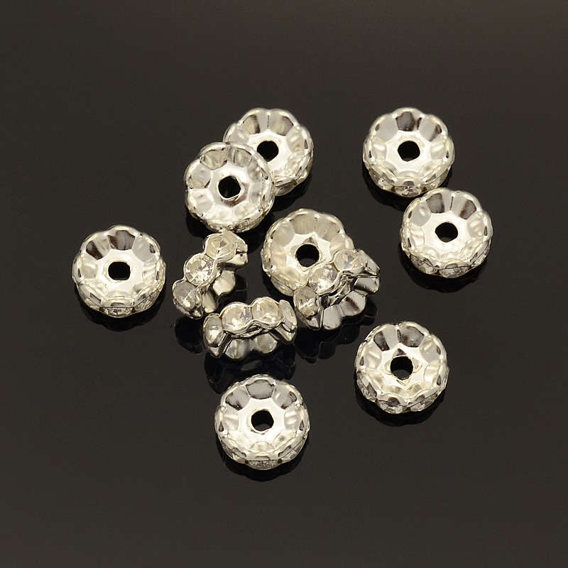 PandaHall Brass Rhinestone Spacer Beads, Grade B, Clear, Silver Metal Color, Size: about 10mm in diameter, 4mm thick; hole: 2mm...
