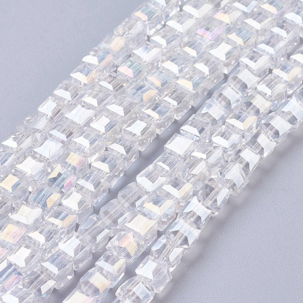 PandaHall Electroplate Glass Beads Strands, AB Color Plated, Faceted, Cube, Clear AB, 4x4x4mm, Hole: 1mm Glass Cube White