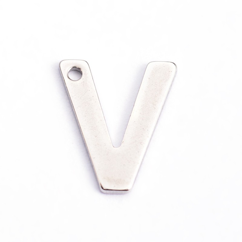 PandaHall 304 Stainless Steel Letter Charms, Letter.V, 11x9x0.8mm, Hole: 1mm Stainless Steel Alphabet