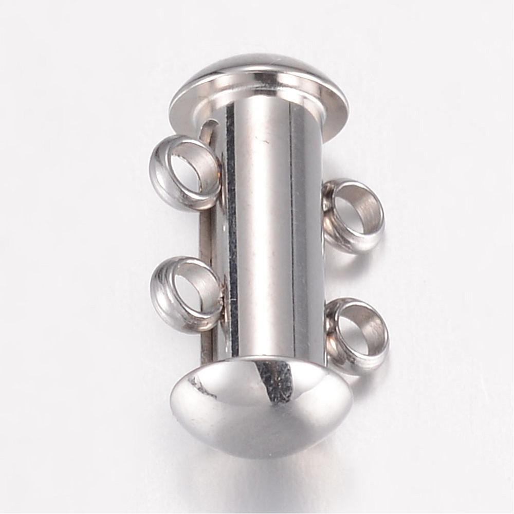 PandaHall 304 Stainless Steel Slide Lock Clasps, 2 Strands, 4 Holes, Tube, Stainless Steel Color, 15x10x6.5mm, Hole: 1.8mm Stainless Steel